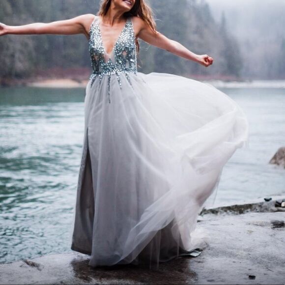 Prom Dress Sexy Deep V Neck Sequins Beads Tulle Lace High Split Long Evening - Picture 6 of 9